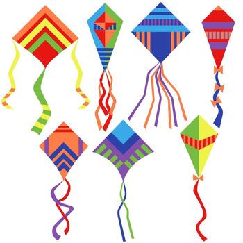 Flat style kite set in bright colors, diamond shaped kite with different patterns and number of tail ribbons vector