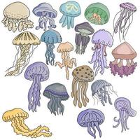 Set of multi-colored jellyfish of various shapes and types, stylized image of underwater inhabitants in pastel colors