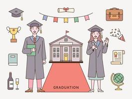 Two graduate characters wearing graduation gowns. vector