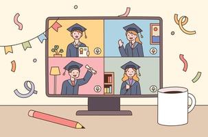 People are having their graduation ceremonies online in a virus-distancing society. vector