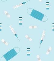 Abstract medicine seamless vector pattern with syringe, face mask, plaster and vaccine on light blue background.