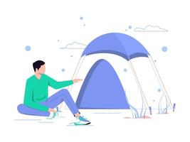 People are on vacation and enjoying adventure. Man sitting near the tent outside the room. Camping holidays. Vector illustration.
