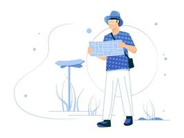 Man is on vacation and adventurous. read directions. Concept of male character isolated in flat style. Vector illustration.