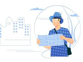 Man is on vacation. read directions. Concept of male character isolated in flat style. Vector illustration.