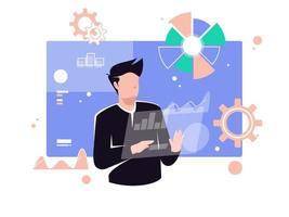 Concept illustration of male worker monitoring company analysis data. Using digital media. Flat vector illustration.