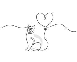 One continuous single line of cat tied on love balloon valentine day vector