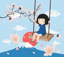 little girl  on a swing  enjoying  Flower Branches background vector