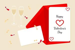 Festive Valentines day card composition with envelope, blank card and two glasses of chapagne vector