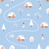 Winter seamless pattern with cute village and snowfall on blue background vector