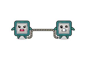 cute processor character is playing tug of war game vector