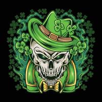 S t. el día de patrick con una imagen de calavera con una chaqueta verde y un sombrero con hojas de trébol vector