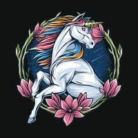 unicornio con cabello colorido como el arco iris en un arreglo de flores de primavera vector