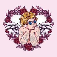 cupido en el día de san valentín con gafas de sol en forma de corazón de amor dentro del marco del corazón de amor con flores de primavera vector