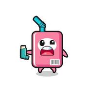 milk box mascot having asthma while holding the inhaler vector