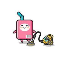 cute milk box holding vacuum cleaner illustration vector