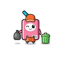 the mascot of cute milk box as garbage collector vector