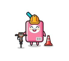 road worker mascot of milk box holding drill machine vector