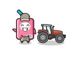 the milk box farmer mascot standing beside a tractor vector