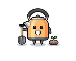 cute kettle cartoon is planting a tree seed vector