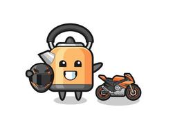 cute kettle cartoon as a motorcycle racer vector