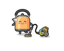 cute kettle holding vacuum cleaner illustration vector