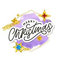 Merry Christmas text decorated with hand drawn lettering with gold stars. Greeting card design element. Vector typography.