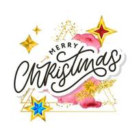 Merry Christmas text decorated with hand drawn lettering with gold stars. Greeting card design element. Vector typography.