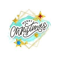 Merry Christmas text decorated with hand drawn lettering with gold stars. Greeting card design element. Vector typography.