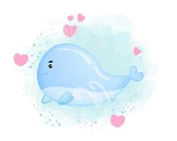 Cute blue whale with hearts. valentine cute element vector