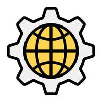 Globe inside gear, global network management icon in flat vector