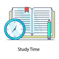 Clock with book and pencil depicting study time in flat outline vector