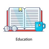 Open book with glasses and cup denoting concept of education in flat outline vector