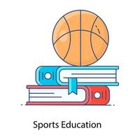 Ball with booklets denoting concept of sports education in flat outline vector style