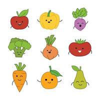 conjunto de ilustraciones de frutas y verduras en un lindo diseño de dibujos animados vector