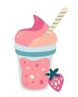 Strawberry cocktail. Fresh strawberry smoothie with cream in glass with a tube. Healthy food. Sweet summer drink. For cafe menus and restaurants. Cartoon Vector Illustration.