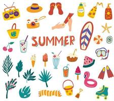 Summer Big set with fruits, drinks, pool floats, ice cream, cocktails, palm leaves.Items for summer holidays and travel. Isolated objects on white background. Hand drawn vector illustration.
