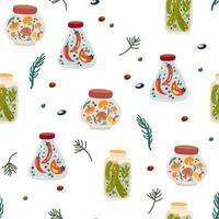 Homemade jars seamless pattern. Preserved vegetables, pickled cucumbers, mushrooms and peppers. Food print. Great for fabric, textile. Vector cartoon Illustration