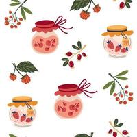 Homemade jars with jam seamless pattern. Food print. Glass jars with delicious sweet berry marmalade. Berries, strawberries, cherries, raspberries and gooseberries. Great for fabric, textile. Vector