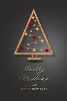 Holiday background with wood christmas tree, lights, garlands and balls. Merry Christmas card illustration on black background. vector