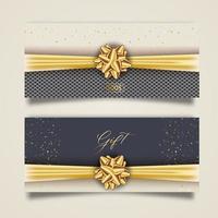 Set of stylish gift voucher with golden ribbon and bow. Vector elegant template for gift card, coupon and certificate isolated from background.