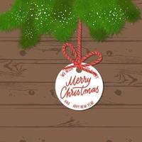 Pine branches on a wooden background. Merry Christmas tag on red kraft rope. vector