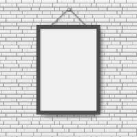 Black photo frame on white brick wall background. vector