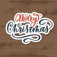 Merry Christmas lettering label on wood background Vector. vector