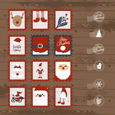 Set of Christmas postage stamps and envelopes.