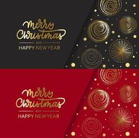 Merry Christmas gold holidays card with balls and lettering. vector