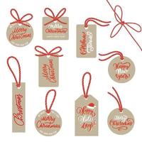 Kraft labels with a red rope - packing of New Year's gifts. vector