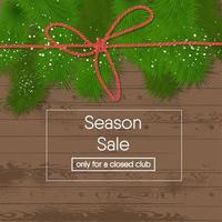 Pine branches on a wooden background. Christmas Sale on red kraft rope. vector