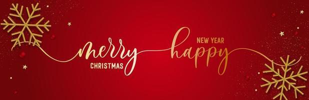 Merry Christmas background with gold 3D snowflakes and calligraphy on red background. vector