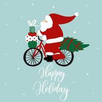 divertido santa claus en bicicleta con cajas de regalo y árbol de navidad. ilustración de dibujos animados vectoriales. letras de vacaciones felices. vector