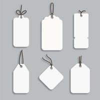 White paper price tag or gift tag in different shapes. Set of labels with cord. vector